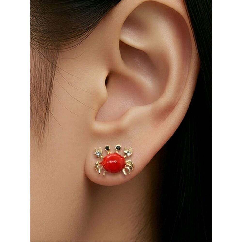 Crab Earrings Red Gold Rhinestone Stud Nautical Coastal Cute Vacation Jewelry